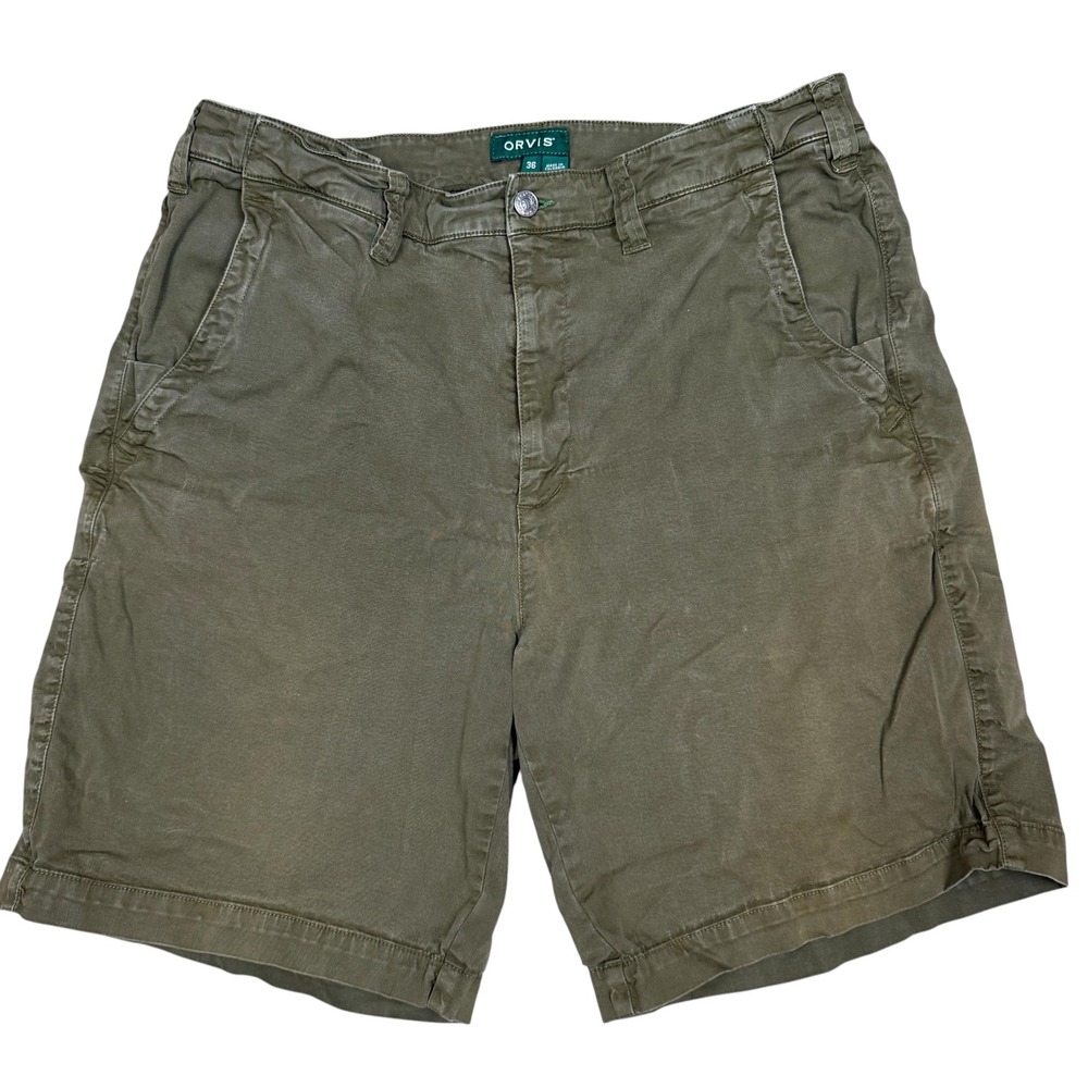Orvis Mens Olive Green Chino Shorts Size 36 Stretch Cotton Fly Pattern Pocket